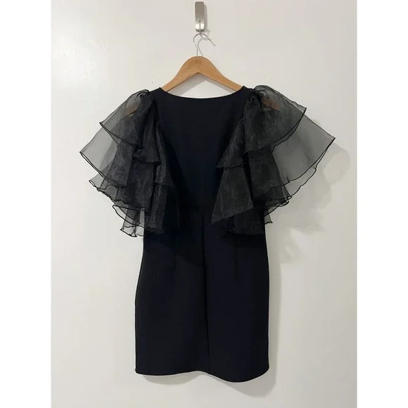Zara Black Mini Dress Organza Ruffle Sleeve V Neck Party Cocktail Elegant - Picture 2 of 6